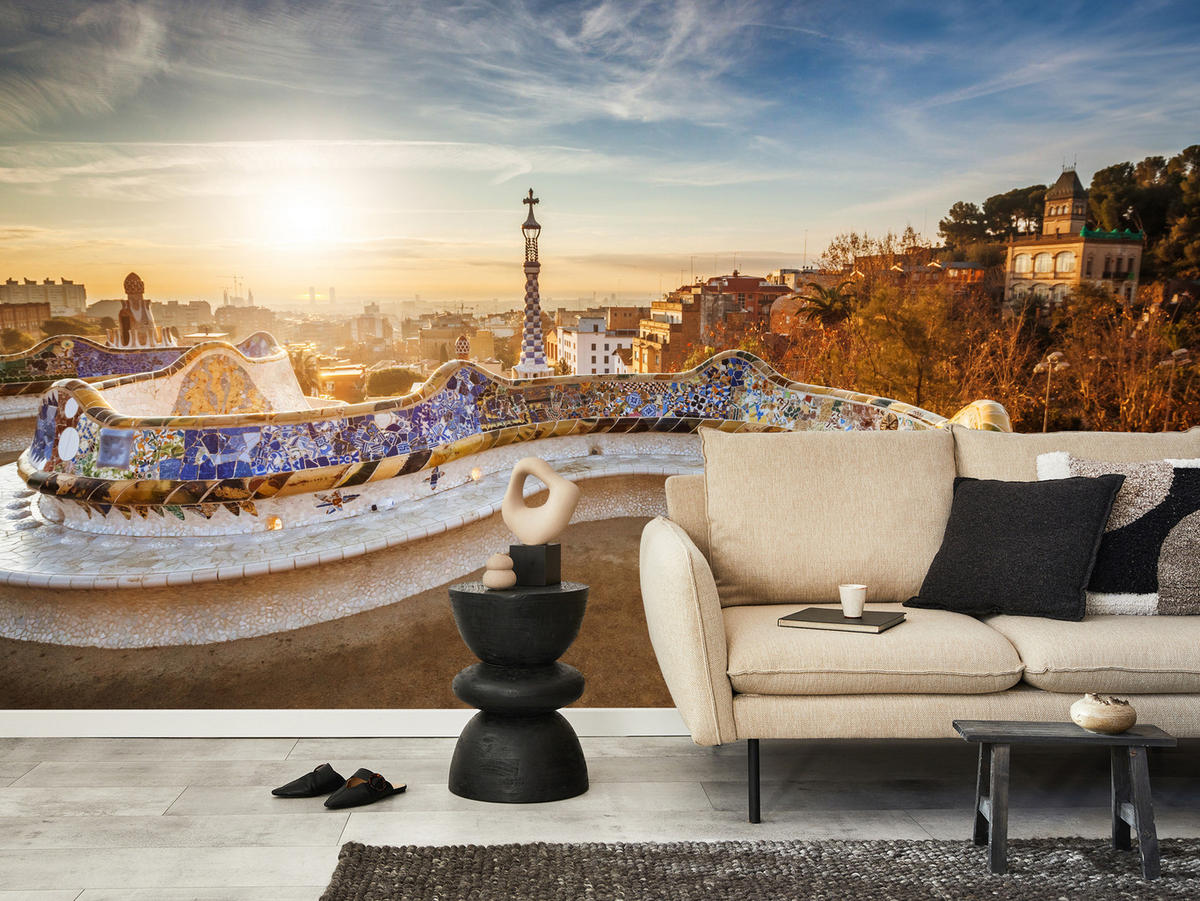 FOTOTAPETE für Wohnzimmer Sonnenaufgang Barcelona Denkmäler 400x280 - Gelb/Beige, Papier (400/280cm) - Muralo