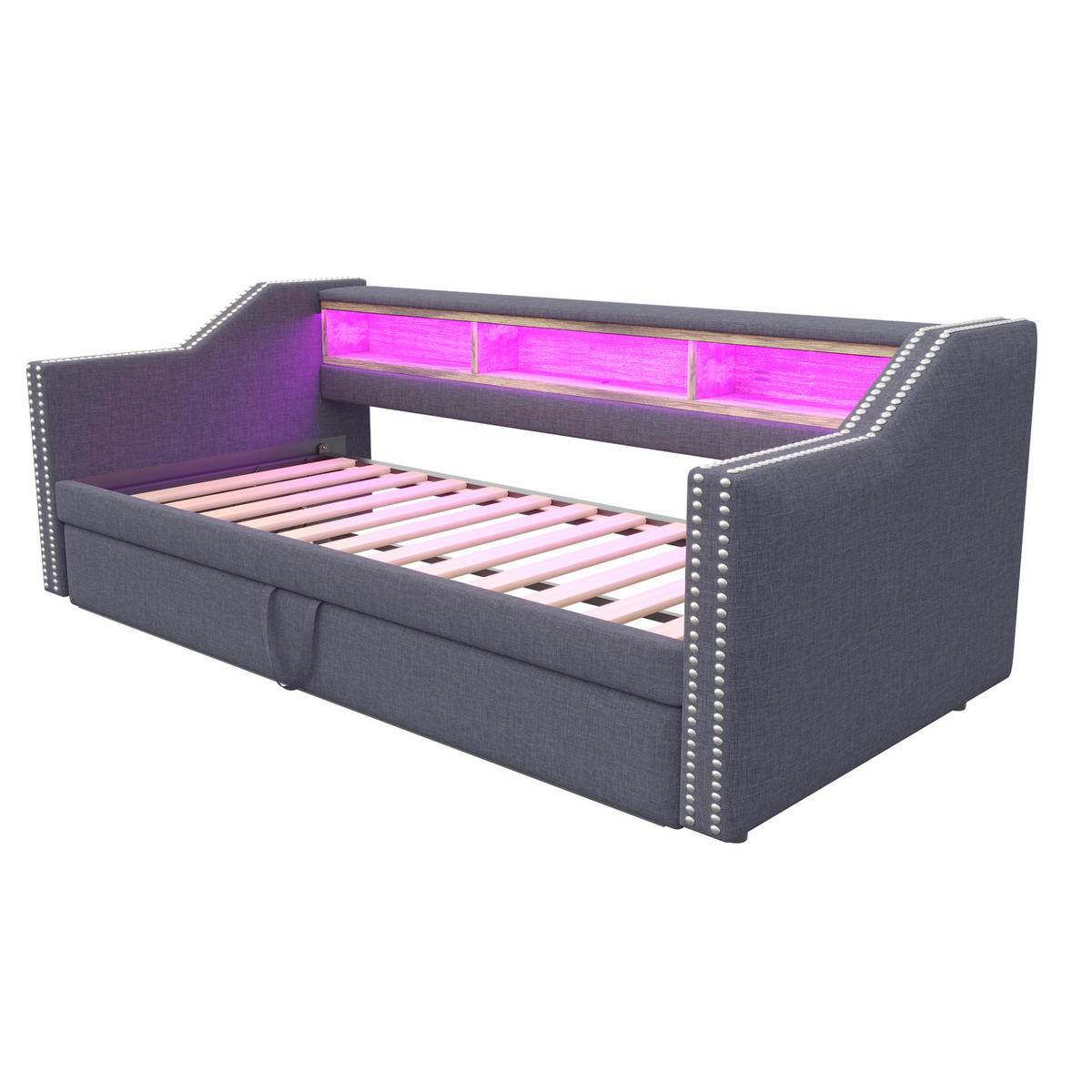 MULTIFUNKTIONSBETT 90/190 cm und 180/190 cm Dunkelgrau mit Staufach und LED-Beleuchtung Mit Matratze - Dunkelgrau, Textil (90/190cm) - OKWISH