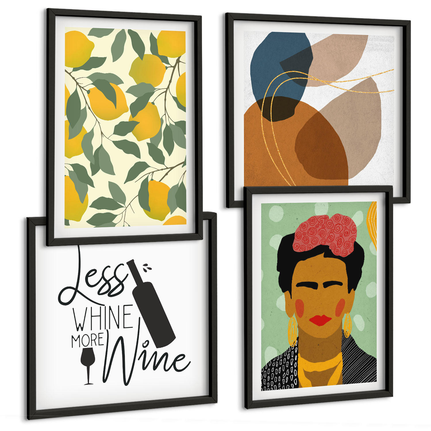 BILDER SET 4er Set - 50x50 cm & 40x60 cm Schwarzer Rahmen - Zitronenweinporträt von Frida - Schwarz, Kunststoff (50/50cm) - TULUP