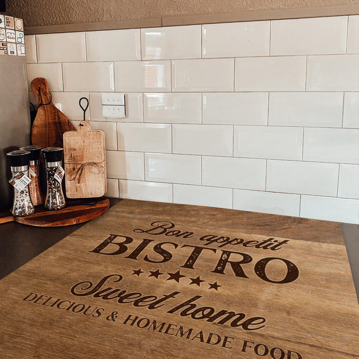 HERDABDECKPLATTE Zitat - Bistro - Guten Appetit - Süßes Zuhause - Holzmaserung 78x78 cm - Braun, Kunststoff (78/0.2/78cm) - MuchoWow