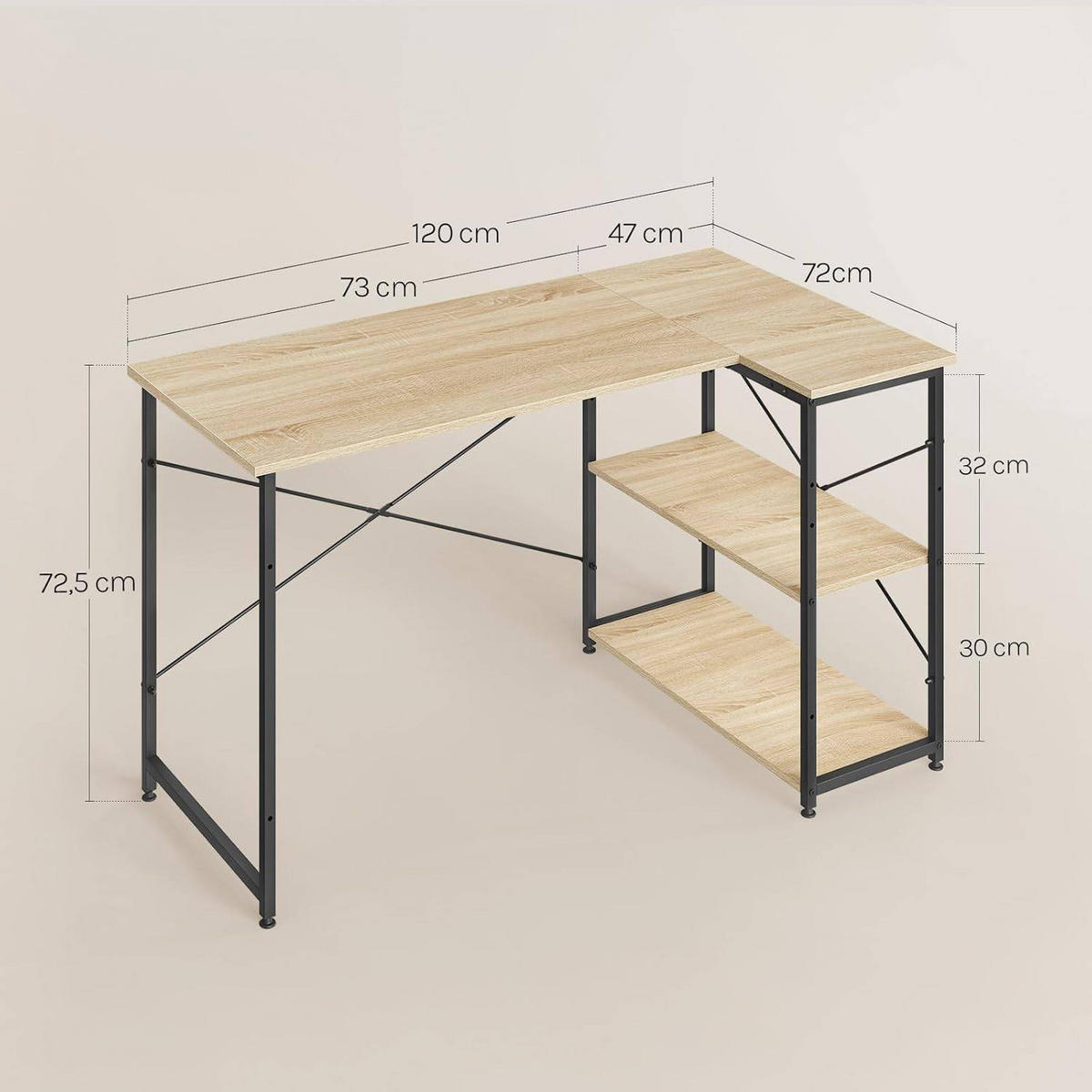 SCHREIBTISCH mit 2 Ablagen,120x73x72 cm, Helle Eiche - Eichefarben, Holzwerkstoff/Metall (72/120/72.5cm) - Woltu