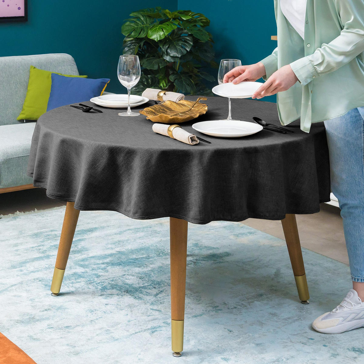 RUNDE Tischdecke Leinenoptik abwaschbar, Lotuseffekt, 140 cm, Dunkelgrau - Dunkelgrau, Textil (140/140cm)