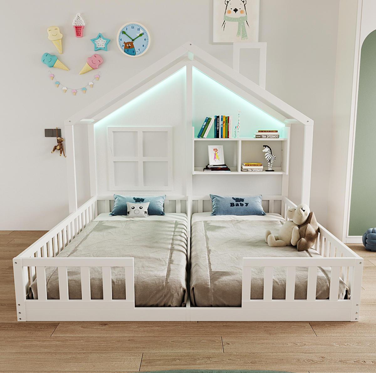 KINDERBETT 90/200 cm aus Holzwerkstoff mit LED-Beleuchtung, Hausdesign, Sicherheitsgitter und Ablagen, Weiß - Weiß, Holzwerkstoff (90/200cm) - Redom