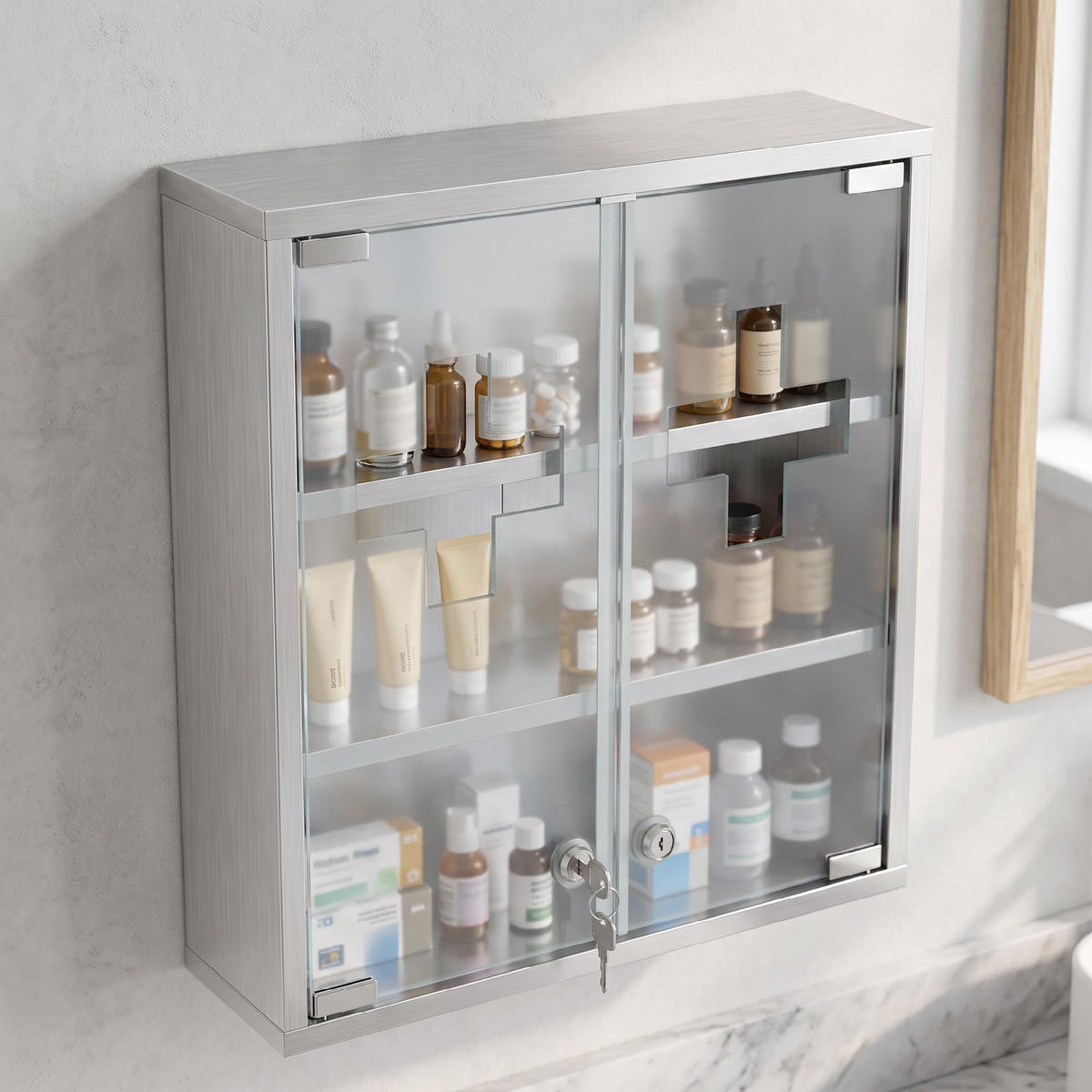 MEDIZINSCHRANK Edelstahl 430 gehärtetes Glas Silber - Silberfarben, Metall (46/48/12cm) - HOMCOM