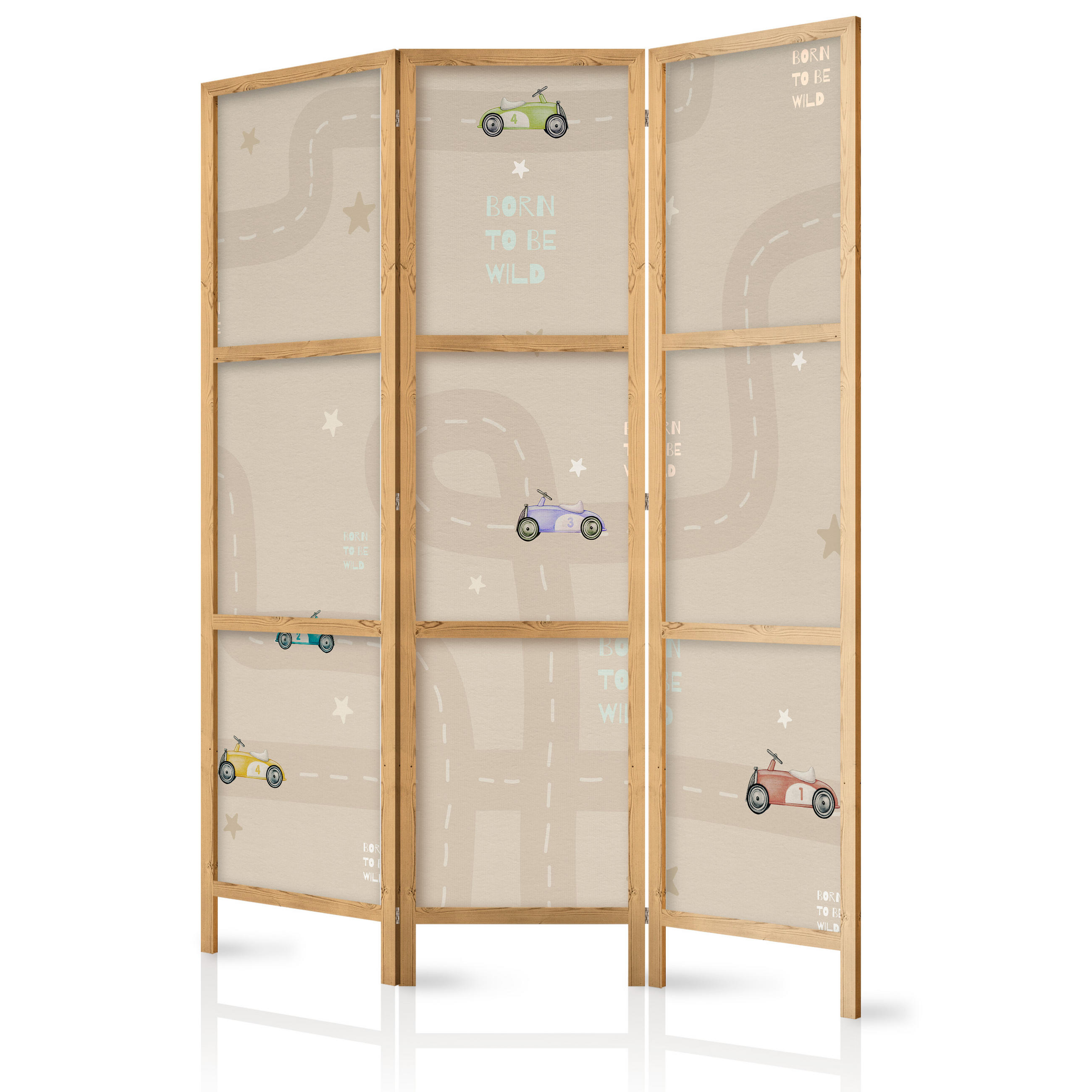 PARAVENT Japanischer 3-tlg 135x172 cm Retro Autos f r Kinder - Beige, Holz/Textil (135/172/3cm) - Muralo