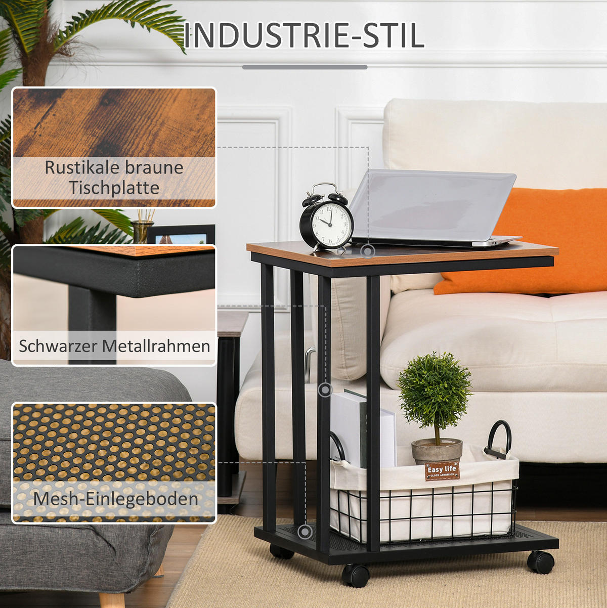 BEISTELLTISCH aus MDF und Stahl 51x36x65 cm Schwarz rollbar in C-Form mit Ablage im Retro-Look - Schwarz, Holzwerkstoff (51/36/65cm) - Modfu