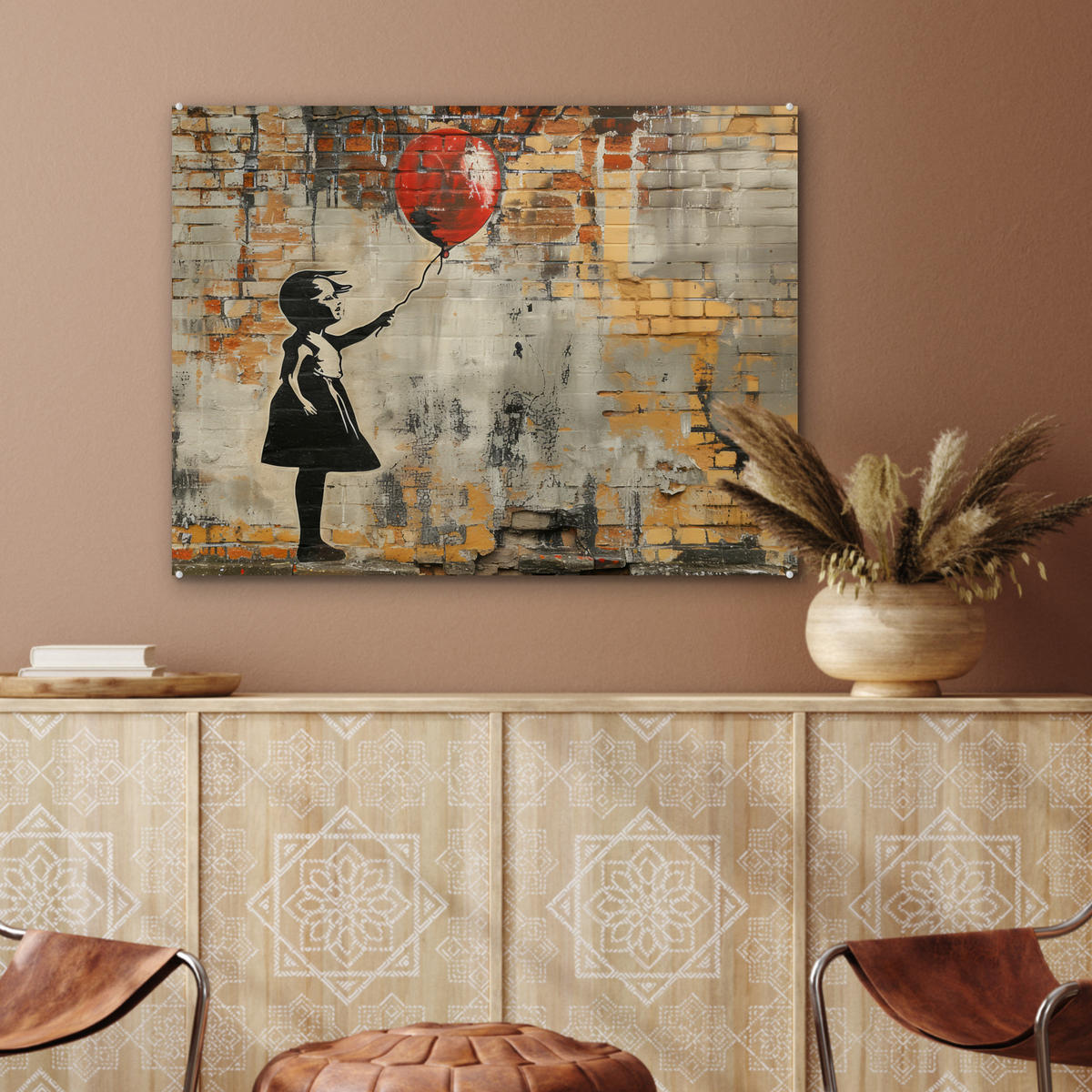 ACRYLGLASBILD Graffiti - Banksy - Mädchen - Straßenkunst 80x60 cm - Sandfarben, Glas (80/60cm) - MuchoWow