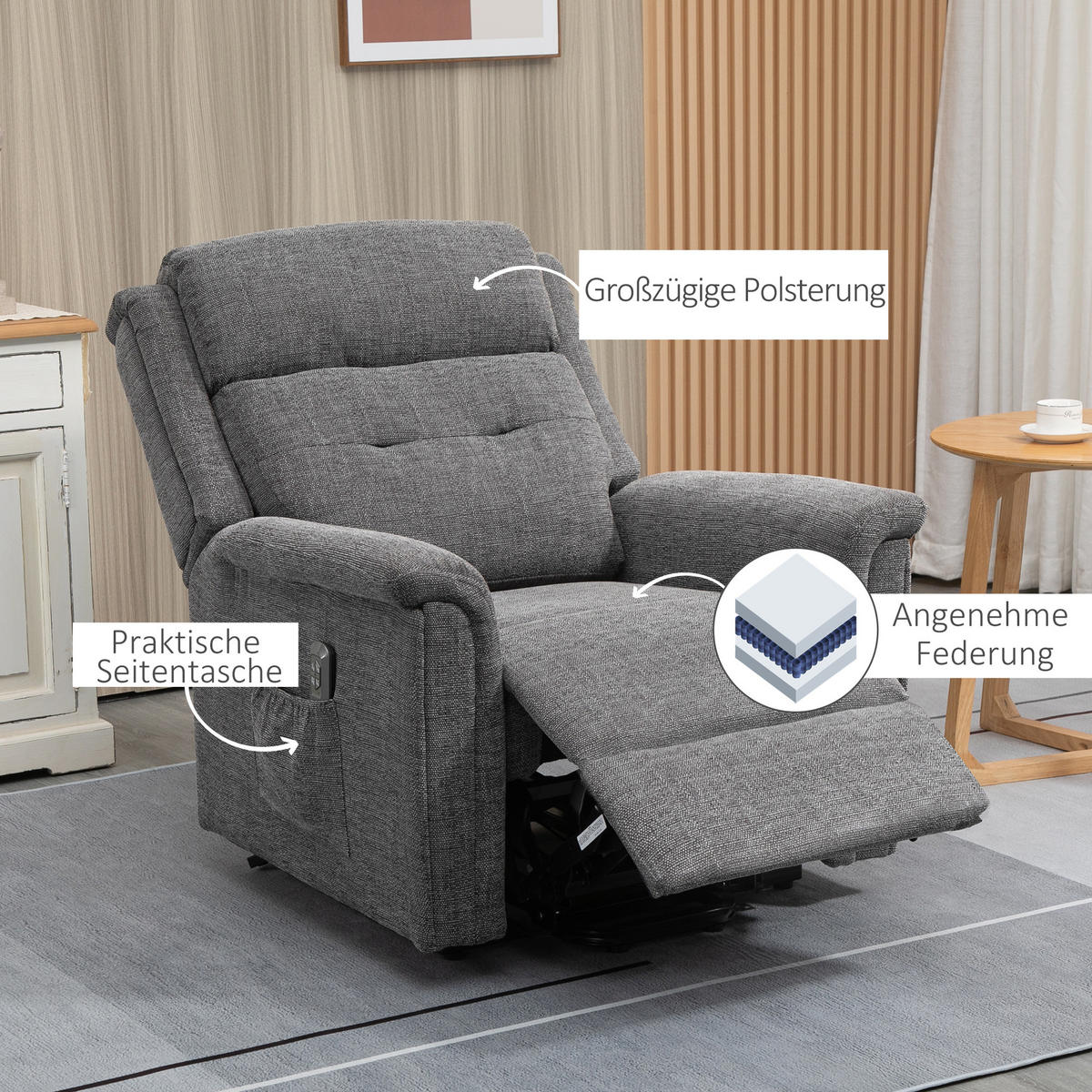 FERNSEHSESSEL mit Aufstehhilfe, Grau - Grau, Kunststoff (87/108/92cm) - HOMCOM