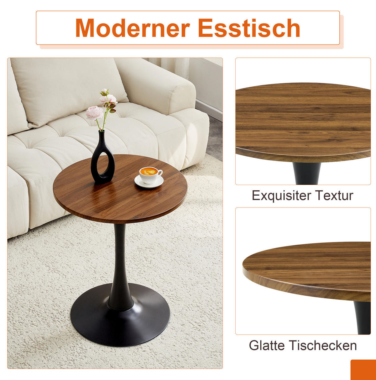 BEISTELLTISCH 60/60/72 cm rund mit Thermoform-Tischplatte und Metallgestell, Schwarz/Walnuss - Schwarz, Holzwerkstoff (60/60/72cm) - Redom
