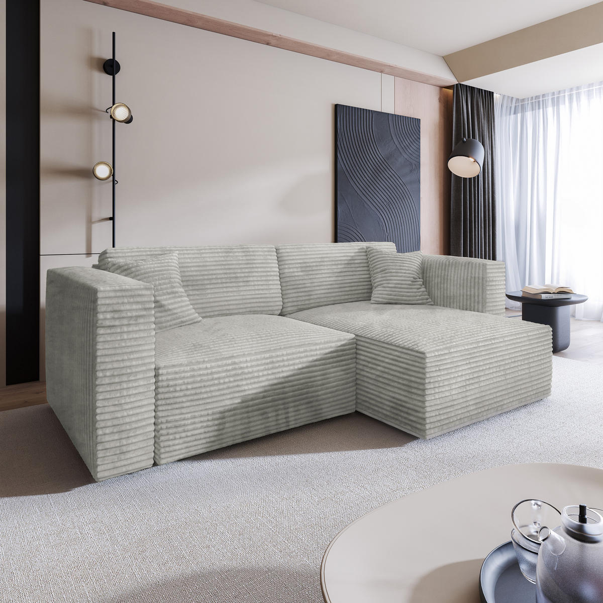 ECKSOFA NERIO Hellgrau Kordstoff mit Schlaffunktion - Hellgrau, Holz (245/148cm) - MASSENO