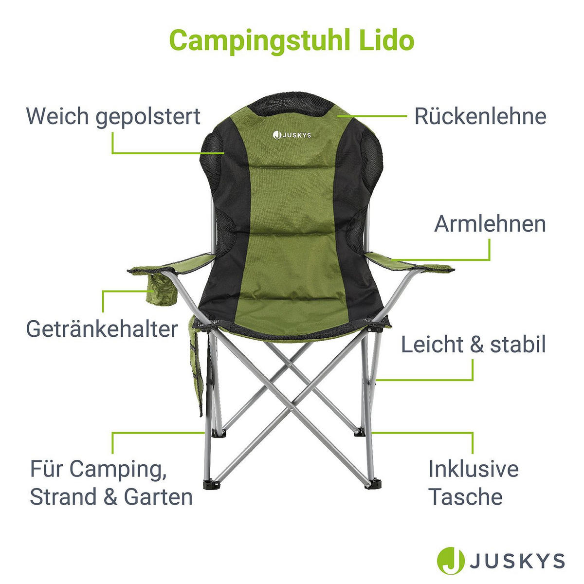 CAMPINGSTUHL Lido grün mit Flaschenhalterung & Tragetasche - Grün, Textil (62/102/62cm) - Juskys