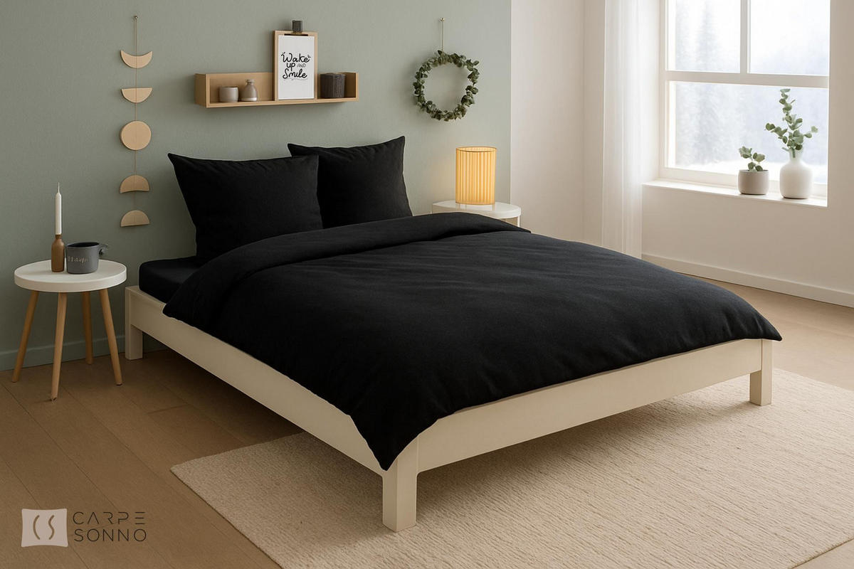 BETTWÄSCHE Biber 200x220 Schwarz Uni Flanell Winter Bettbezug - Made in Germany - Schwarz, Textil (200/220cm) - Carpe Sonno