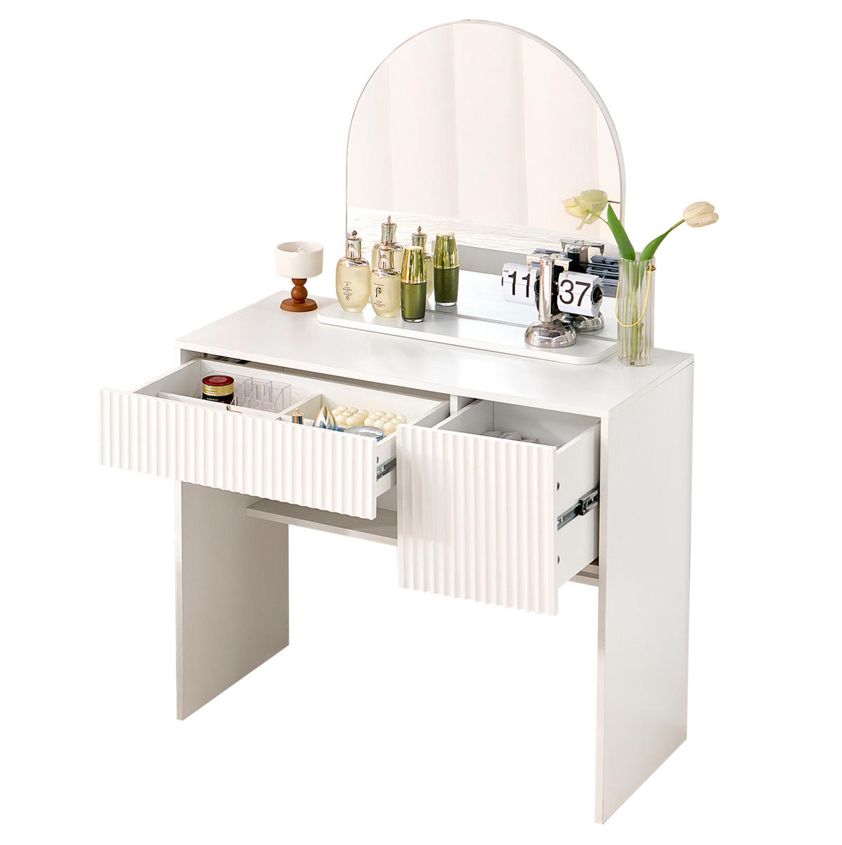 SCHMINKTISCH 40/90/135 cm weiß aus MDF mit Spiegel und 2 Schubladen - Weiß, Holzwerkstoff (40/135/90cm) - OKWISH