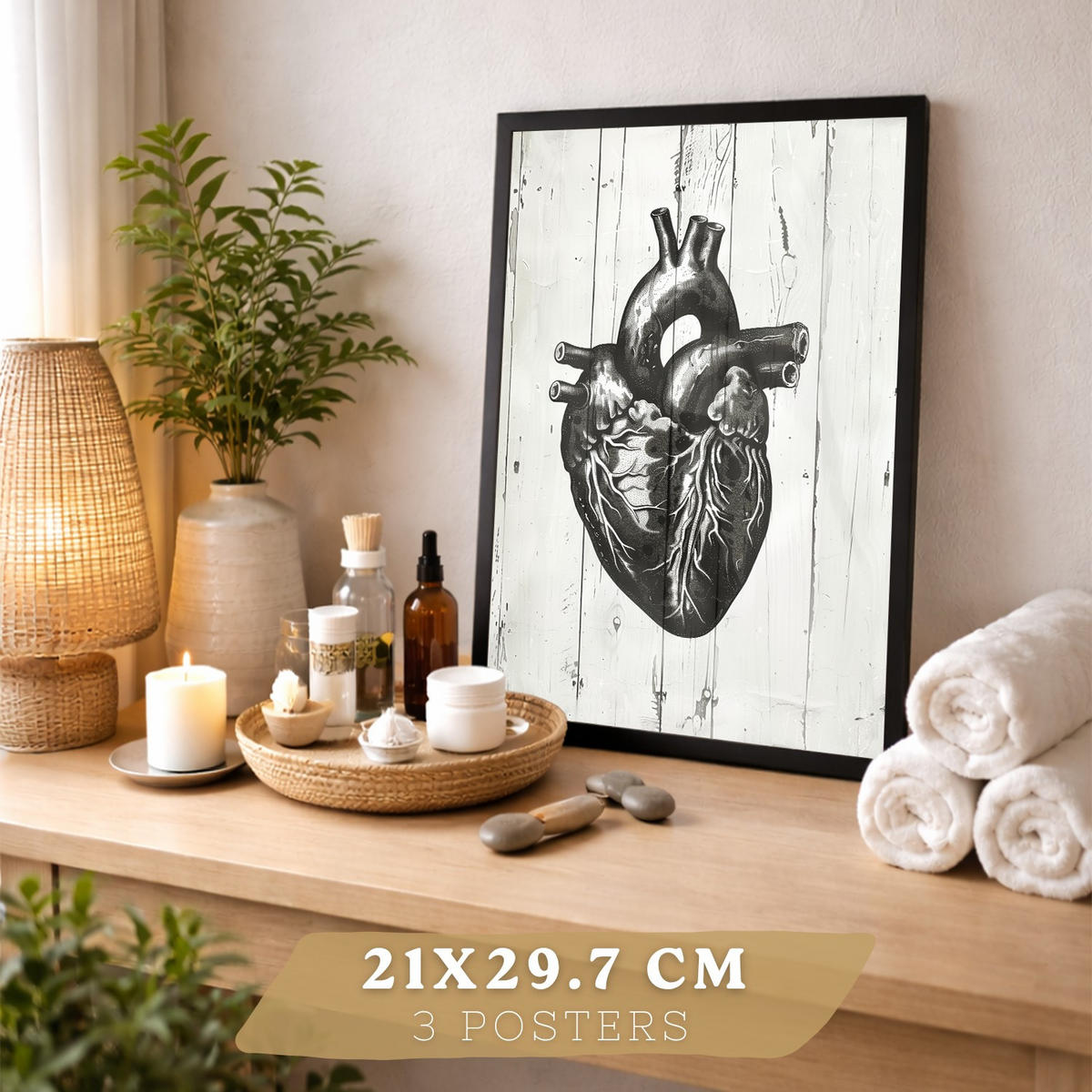 POSTER Set aus 3 Anatomie Mensch Drucke und mit Gehirn Herz Lungen Luftröhre Bronchien Industrielles Schwarz Weiß Design Größe Schwarzer Rahmen A4 - Schwarz, Papier (21/29.7/3cm) - Nacnic