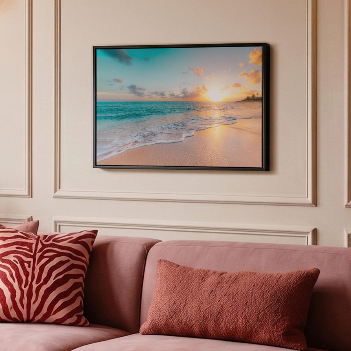 LEINWAND Bilder mit Rahmen - Sonnenuntergang - Strand - Meer - Sommer - Blau - 60x40 - Multicolor, Textil (60/40cm) - MuchoWow