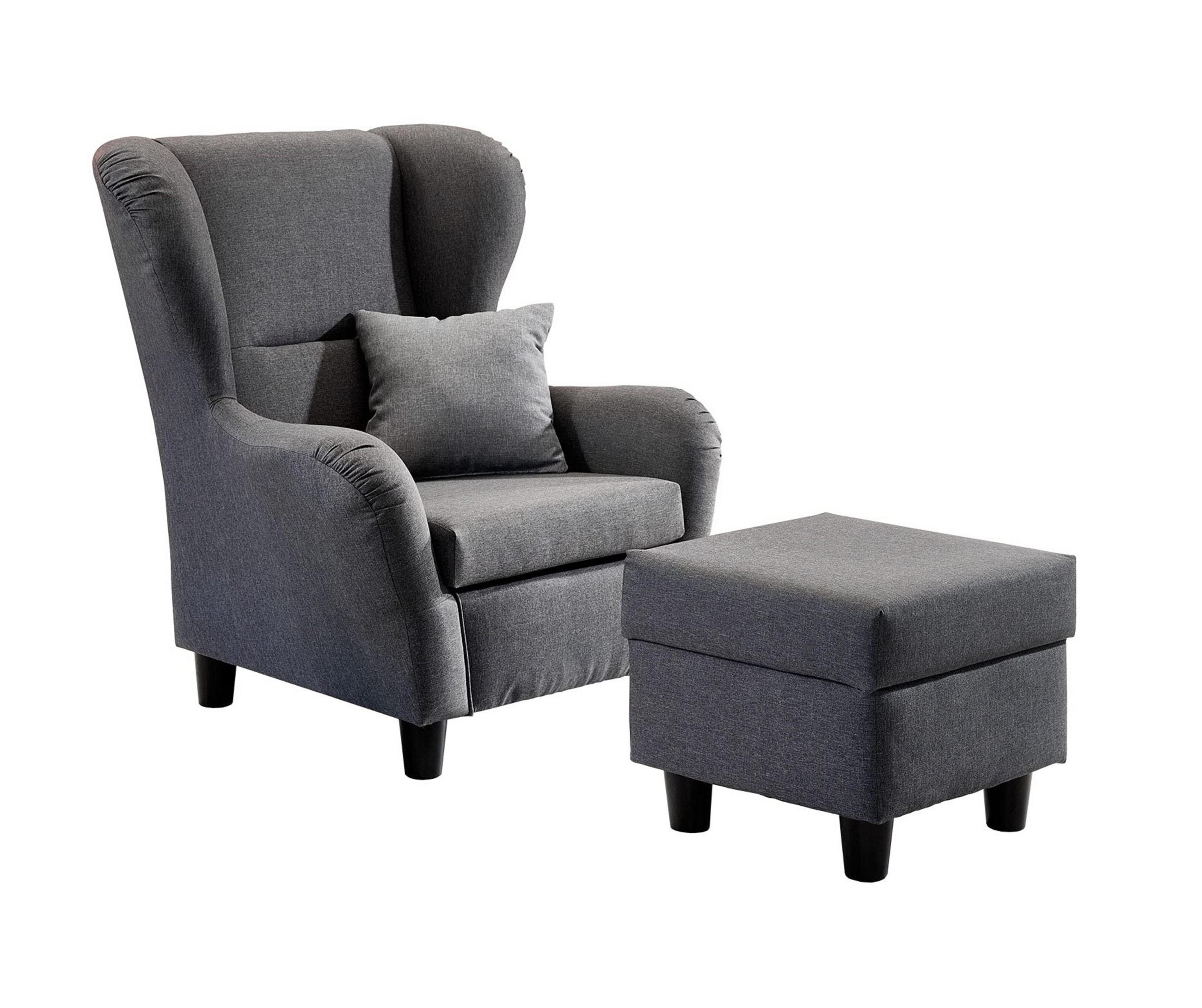 OHRENSESSEL mit HOCKER, hoher Sitzkomfort durch Wellenunterfederung B90/H98/T76 cm, Strukturstoff Grau / 18001 - Schwarz/Grau, Holz/Textil (90/98/76cm) - luma-home