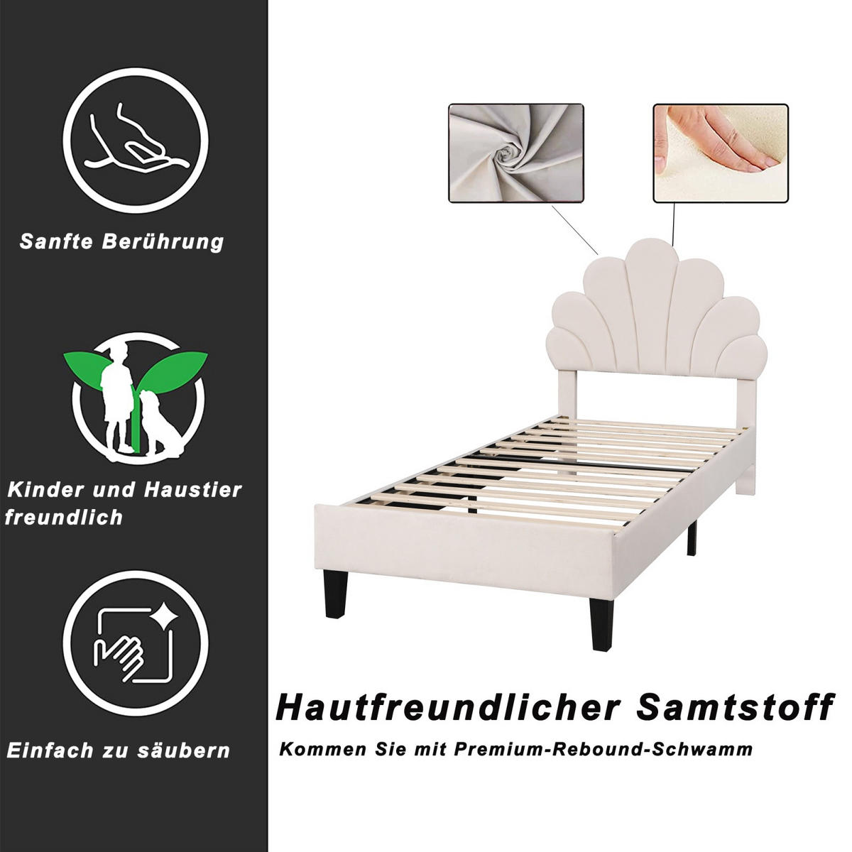 POLSTERBETT 90x200 cm Petal Dreams mit blumenförmigem Kopfteil, höhenverstellbar, Samt, Beige - Beige, Textil (90/200cm) - DELFA