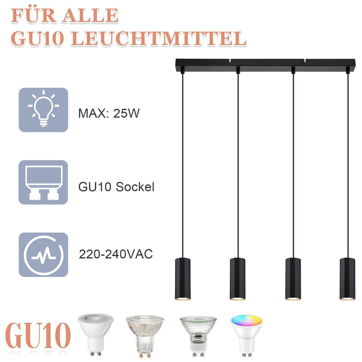 HÄNGELEUCHTE Stärke 4-flammig 60/6/170 cm - Schwarz, Metall (60/6/170cm) - Nettlife