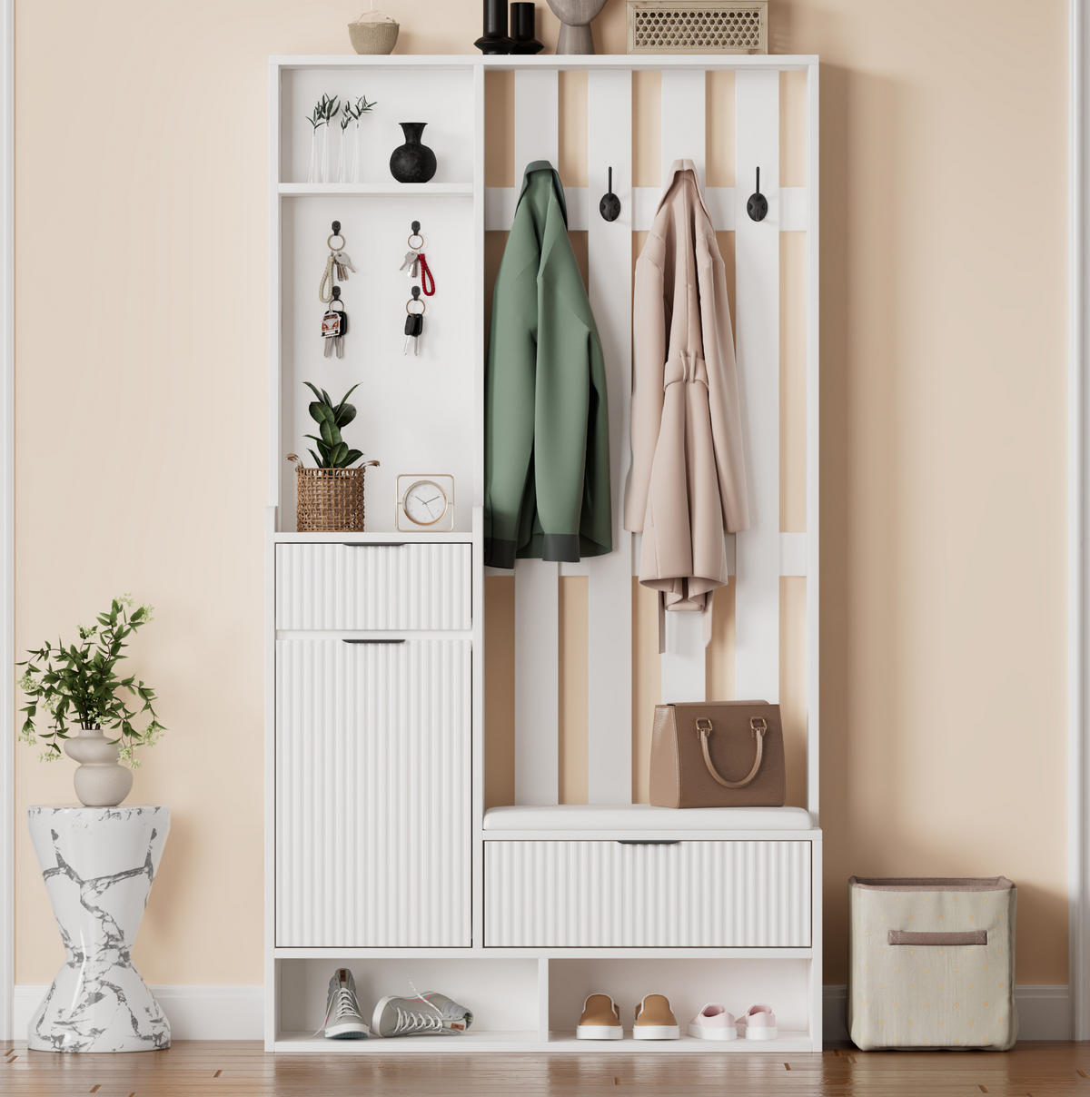 OMARA za čevlje 100/30/180 cm z 8 kavlji, 2 predaloma, omarico in sedežem, Bela - bela, leseni material (30/180/100cm) - Redom