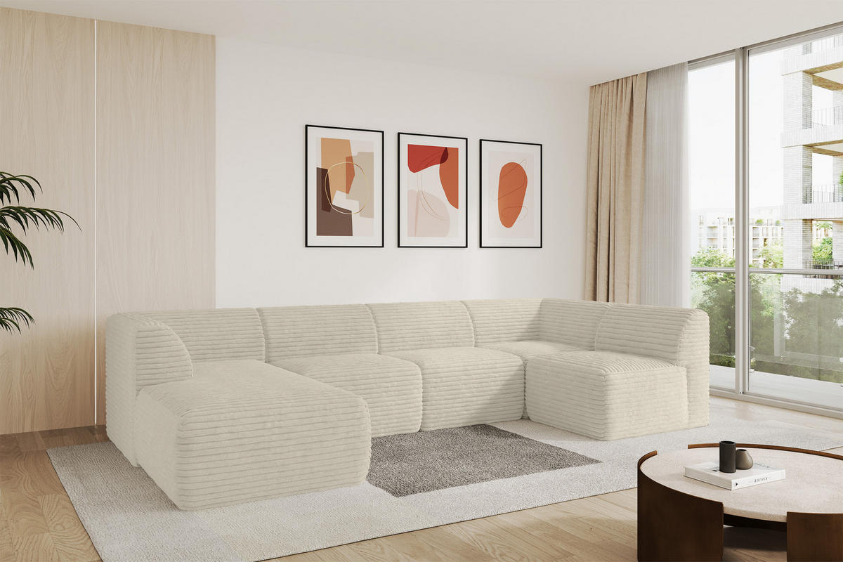 WOHNLANDSCHAFT Ottomane Links MOVO-L 345x180x78 cm Creme Cord - Ecru, Holzwerkstoff/Kunststoff (345/78/180cm) - ALTDECOR