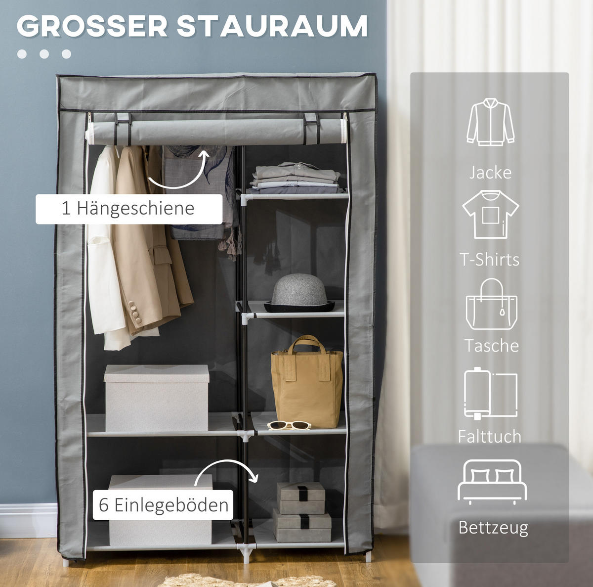 KLEIDERSCHRANK 103/43/162,5 cm grau aus Stoff mit Kleiderstange und 6 Fächern - Grau, Textil (43/162.5/103cm) - OKWISH