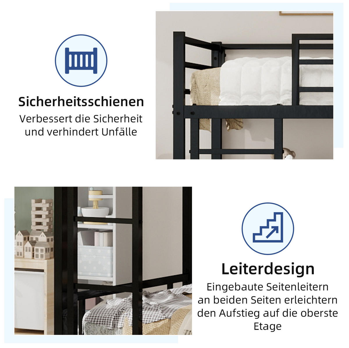 ETAGENBETT mit Leiter und Rausfallschutz 197 x 98 x 136 cm Metall Schwarz - Schwarz, Metall (90/190cm) - Beauniv