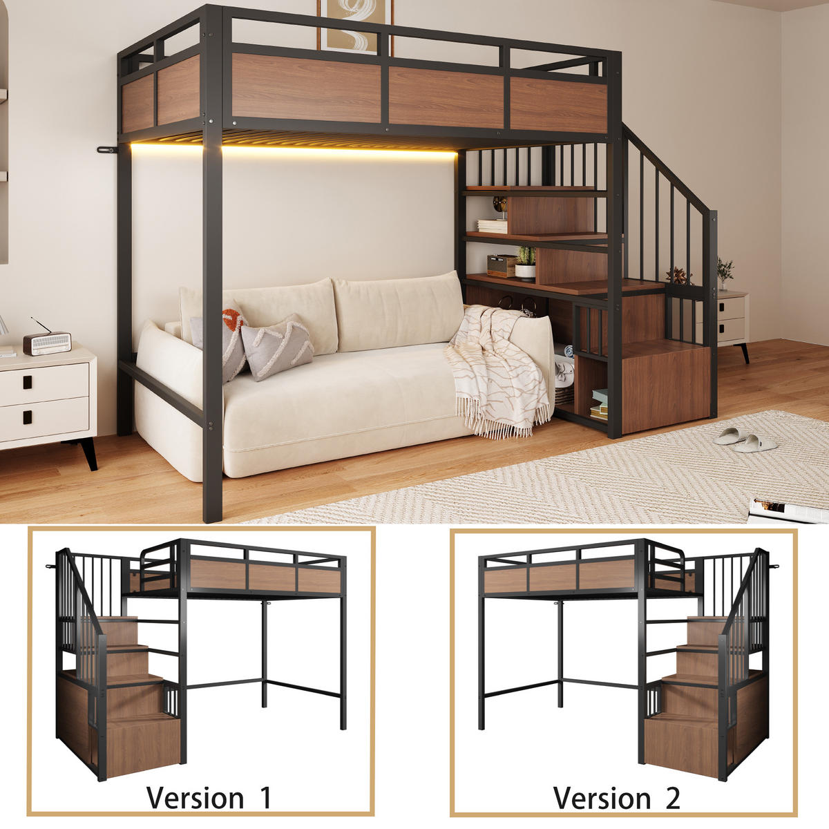 HOCHBETT 90/200 cm in Schwarz mit Stauraumleiter und LED - Schwarz, Holzwerkstoff/Metall (90/200cm) - STILVORA