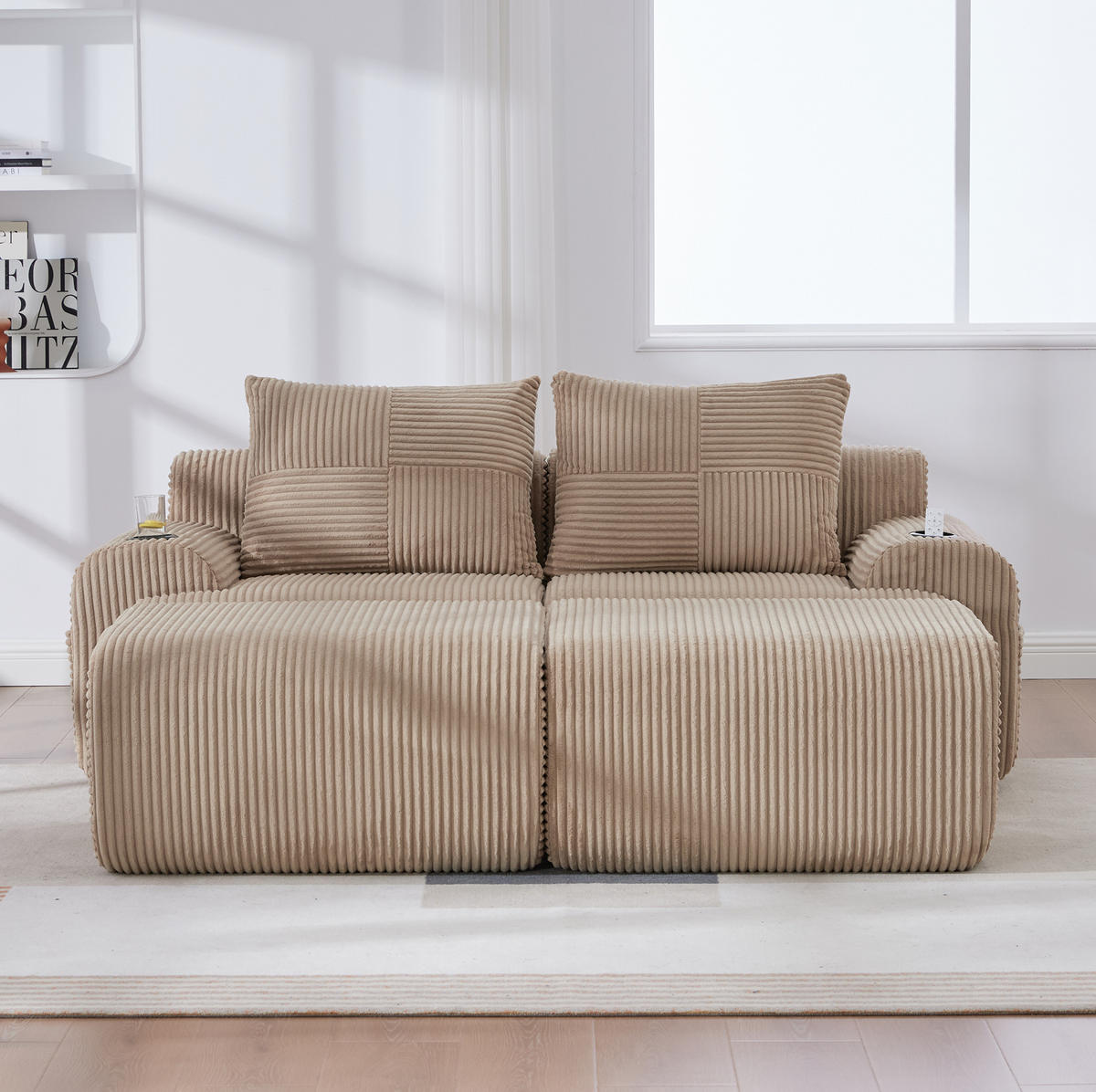 MODULARES 2-Sitzer Cordsofa mit 2 Hockern Getränkehalter und Seitentasche 200/174/80 cm Sandfarben - Sandfarben, Textil (174/80/200cm) - Redom