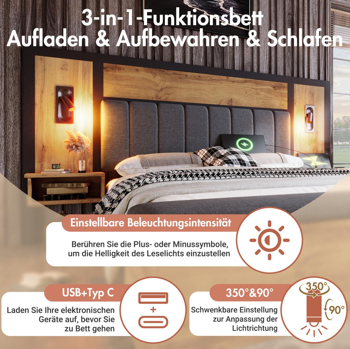 POLSTERBETT 160/200 cm mit Leselampen, USB-Type-C-Nachttischen und Bettbank mit Stauraum, Eiche - Eichefarben, Metall (160/200cm) - Redom