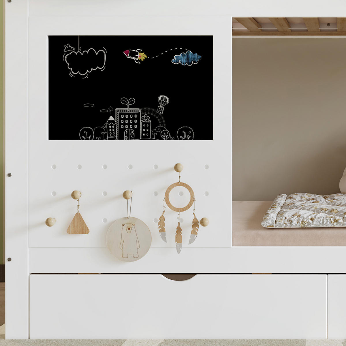 ETAGENBETT Mit kleinem Lochbrett-Bereich Weiß+Grün - Weiß, Holz (90/200cm) - ComfortXL