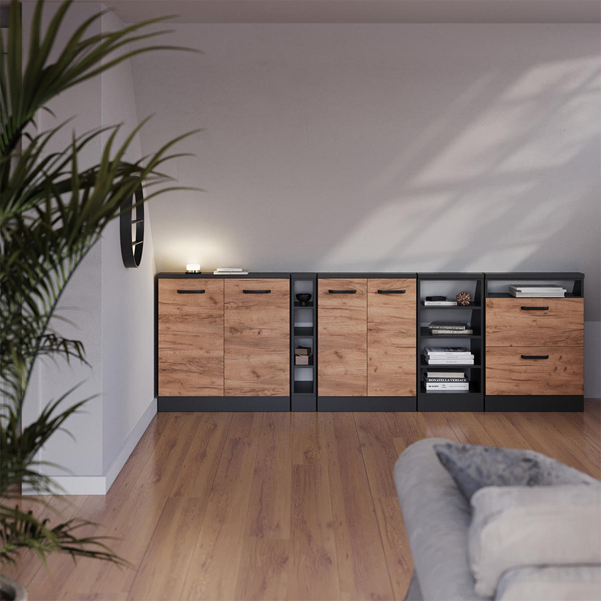 DACHSCHRÄGENSCHRANK-SET Rion Goldkraft Eiche/Anthrazit 5er Set - Honigeiche/Anthrazit, Holzwerkstoff (215/81.6/46cm) - Vicco