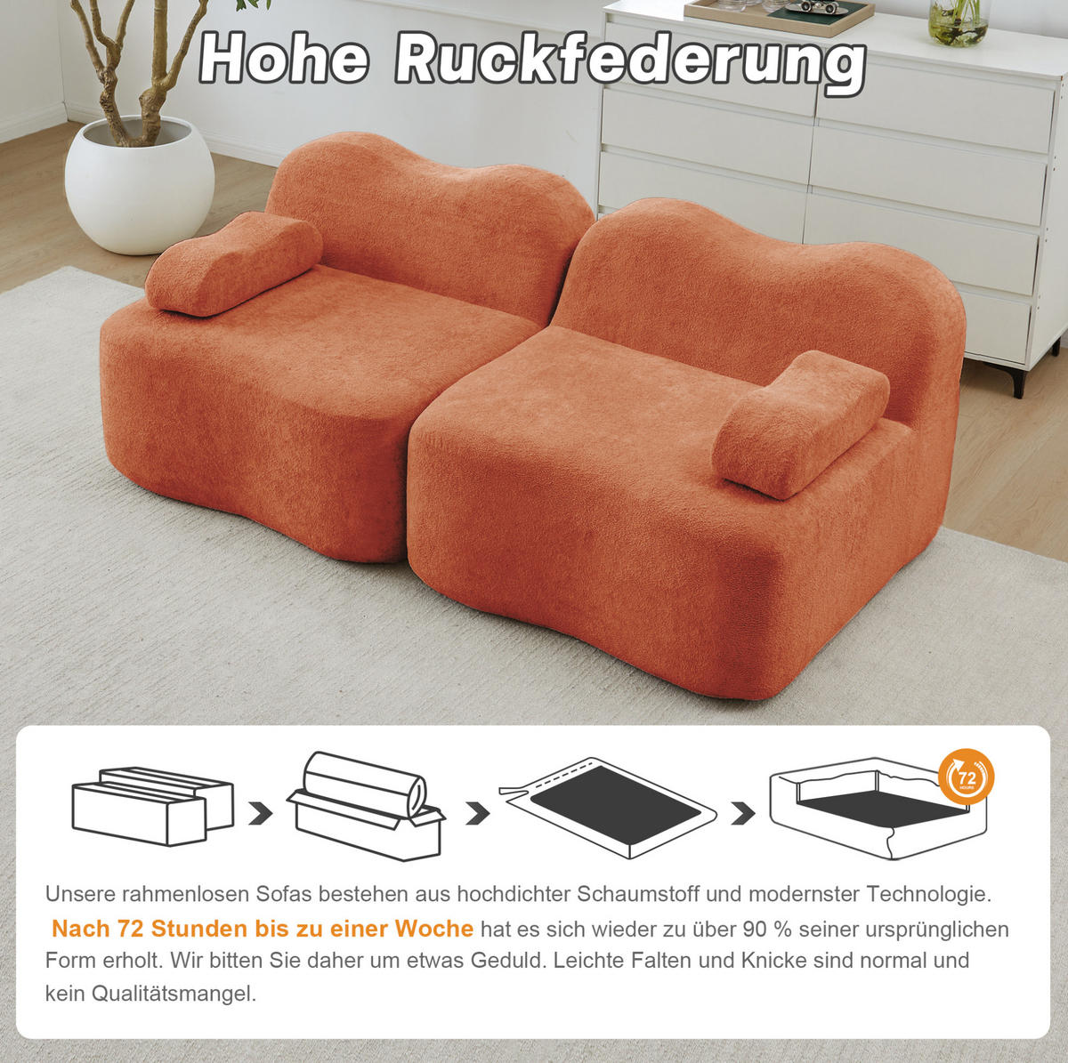SOFA 192/98/70 cm in Orange aus Samt, modular und rahmenlos - Orange, Textil (98/70/192cm) - Flora Grace
