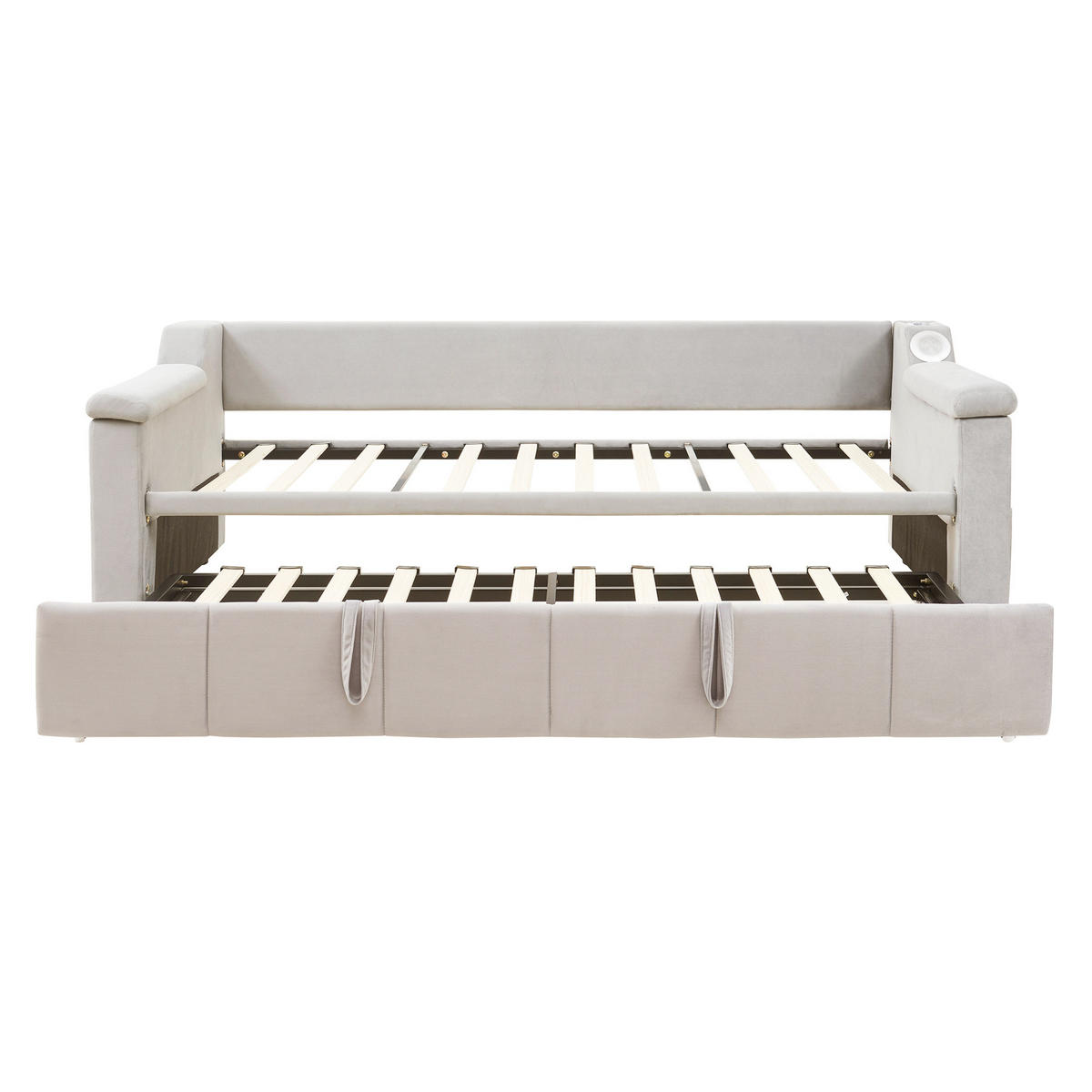 SCHLAFSOFA aus Samtstoff 90/180x190 cm Beige mit Bluetooth-Stereo, USB-Anschluss, Ablagefächern und hydraulischem Auszug - Beige, Textil (216/69/97cm) - Modfu