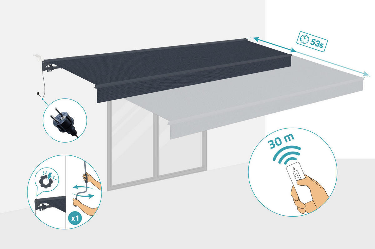 HALBKASSETTENMARKISE Fazzio Graue 5m x 3m motorisierte - Premium-Leinwand 320g/m² - Grau, Metall (500/270/300cm) - Cazeboo