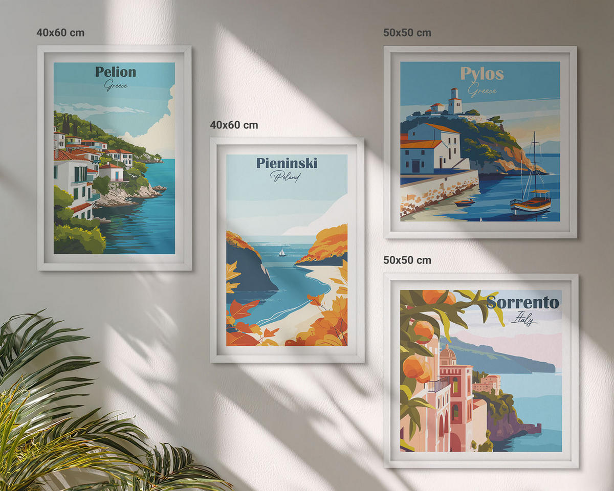 WANDBILDER 4er-Set - 50x50 cm & 40x60 cm Weißer Rahmen - Retro-Landschaften im malerischen Stil - Weiß, Kunststoff (50/50cm) - ArtPrintCave