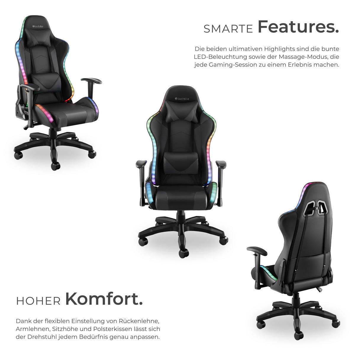 GAMINGSTUHL Tartaros,dicke Polsterung, Belastbarkeit 120 kg,schwarz/schwarz - Schwarz, Textil (66.5/126/69cm) - tectake