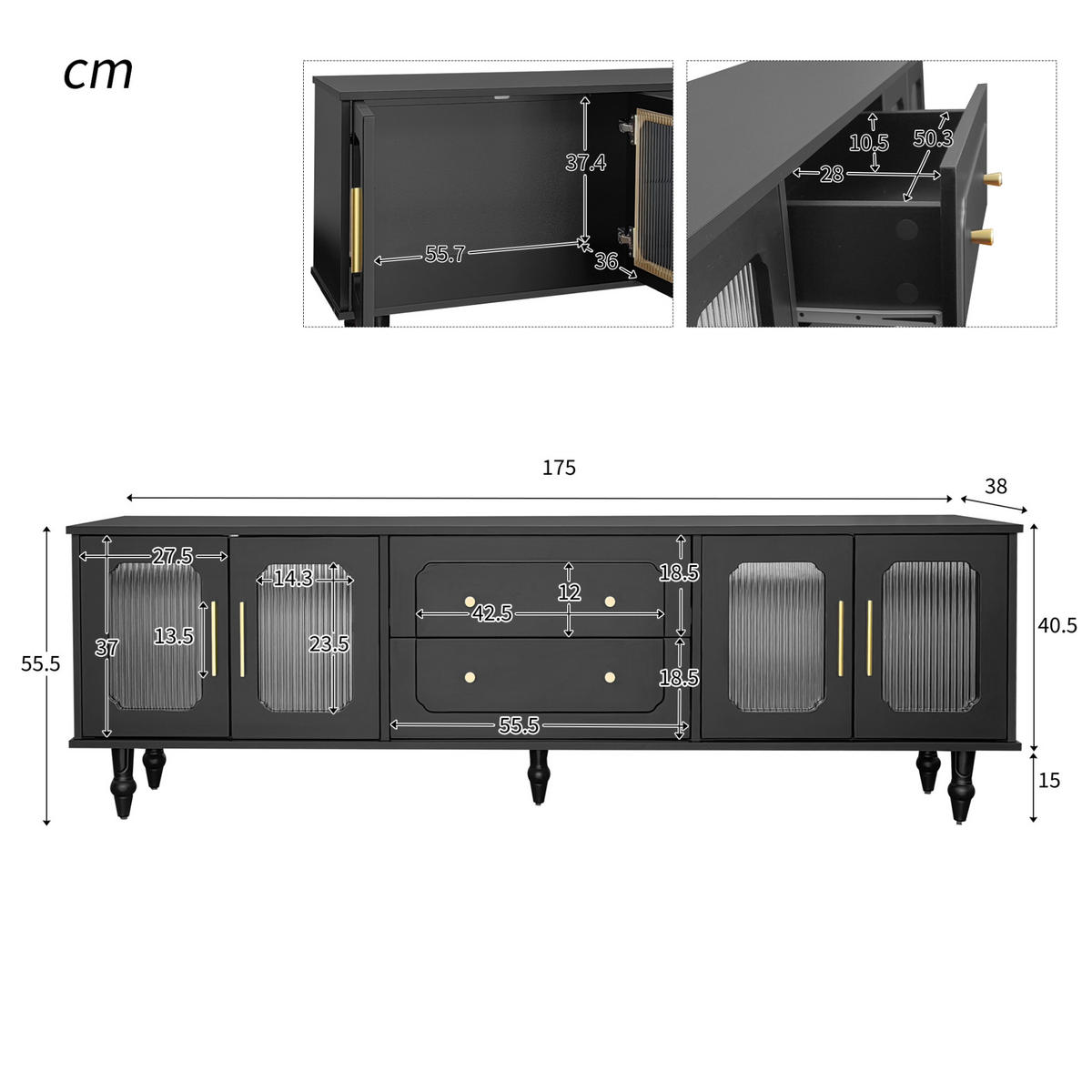 TV-LOWBOARD aus Holzwerkstoff 177x38x55,5 cm Schwarz mit geriffeltem Glas, Push-to-Open und goldfarbenen Griffen - Schwarz, Holzwerkstoff (175/55.5/38cm) - Modfu