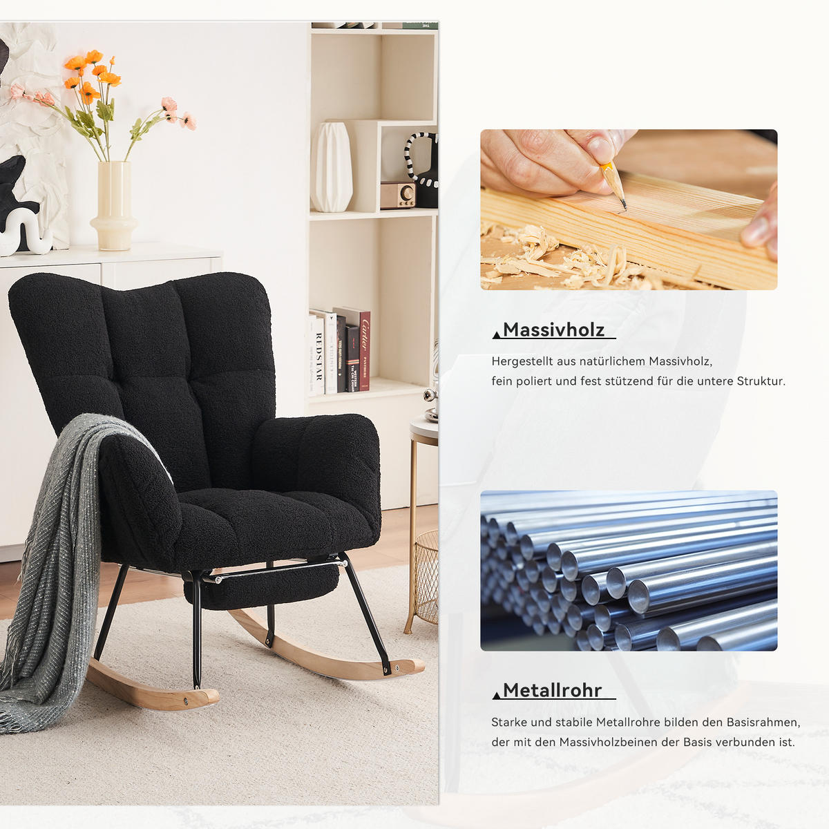 SCHAUKELSTUHL Teddy-Stoff mit klappbarer Fußablage 80/98/98.5 cm Schwarz - Schwarz, Textil (98/98.5/80cm) - Redom