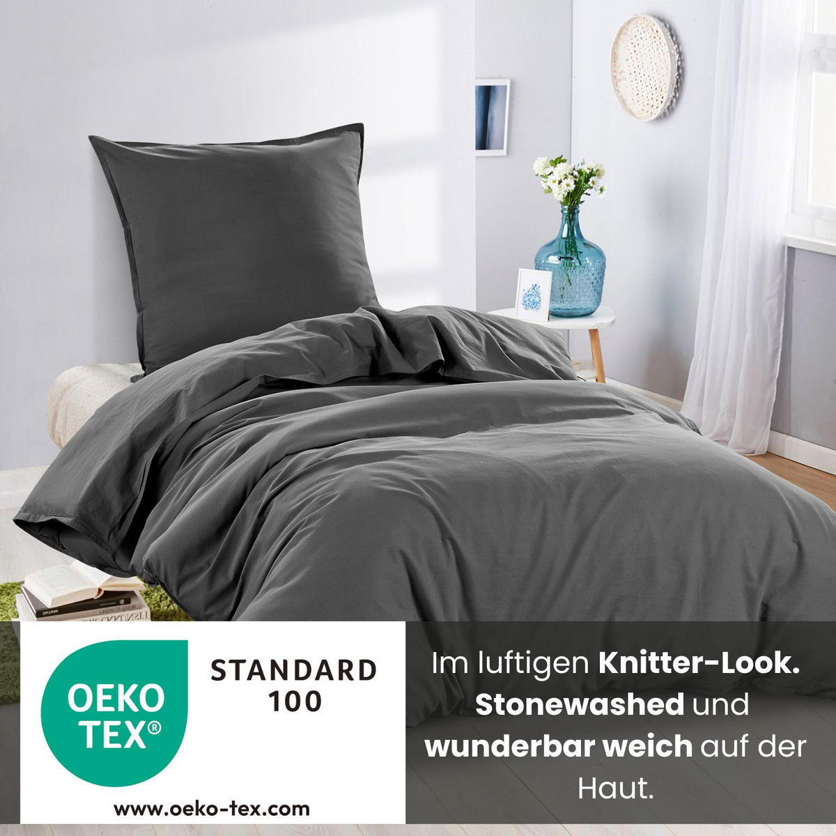 BETTWÄSCHE Stone Washed dunkelgrau 155/220 cm 100% Baumwolle Used-Effekt mit Stehsaum - Dunkelgrau, Textil (155/220cm) - wometo