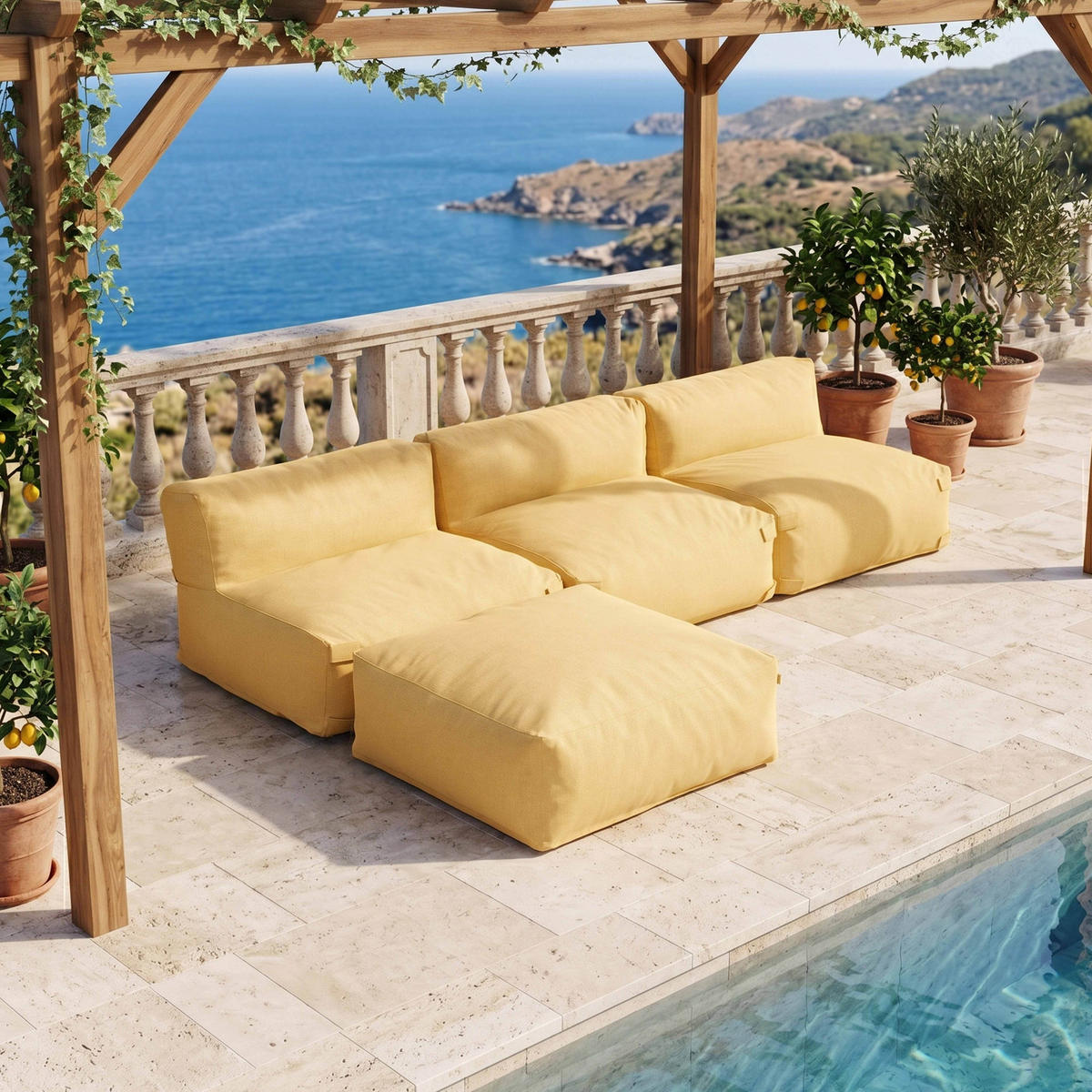 GARTENSOFA mit 4 Sitzplätzen, Hellgelb - Gelb, Textil - Oviala