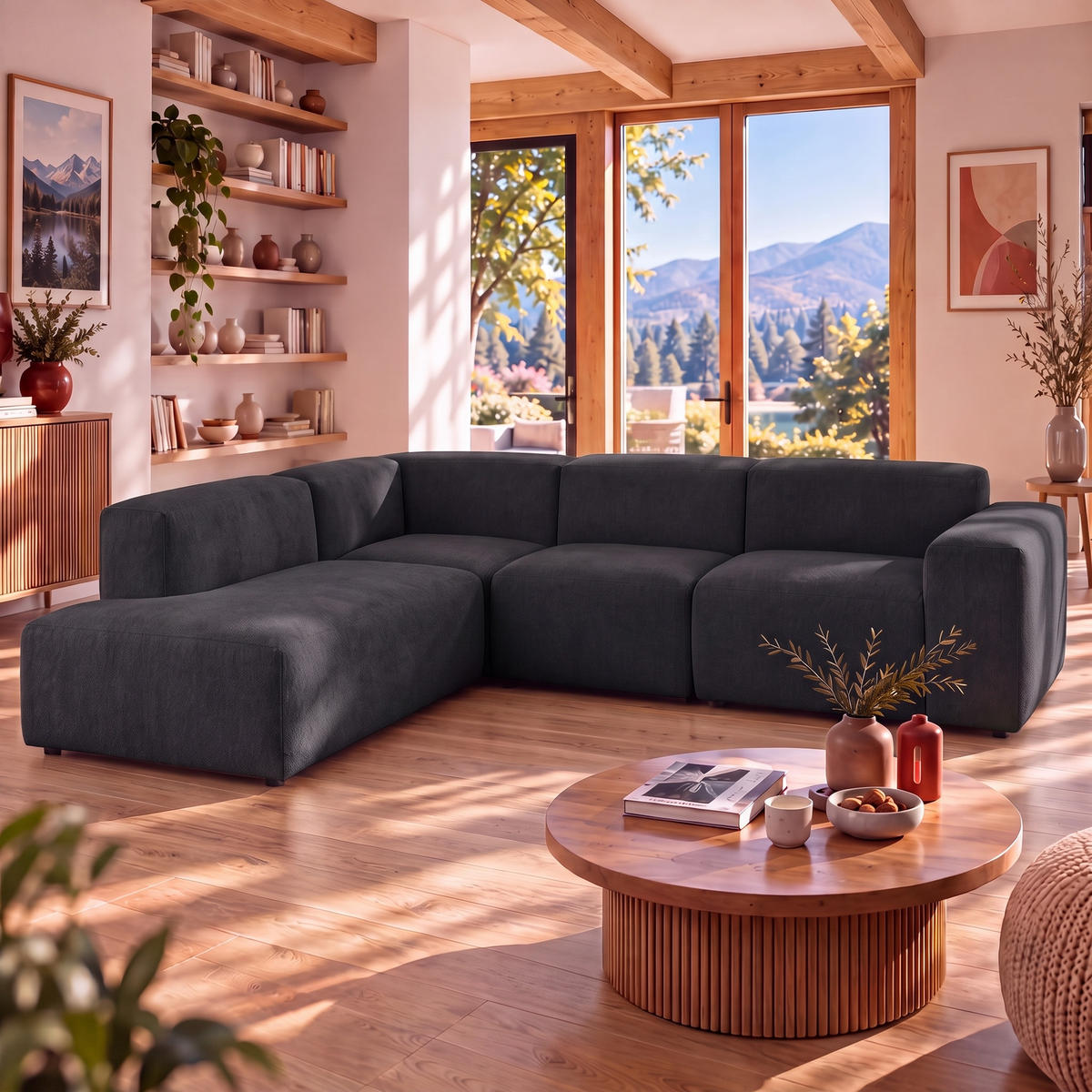 4-SITZER modulares Ecksofa HEAVEN SET 2 Links, Breite 300 cm Webstoff Schwarz - Schwarz, Holz/Kunststoff (300/245cm) - Muffo