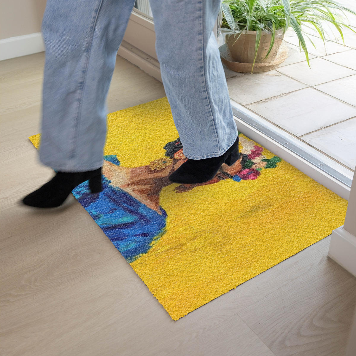 FUSSMATTE Frida Kahlo - Frau - Gelb - Blau - Blumen 90x60 cm - Gelb, Kunststoff (90/0.4cm) - MuchoWow