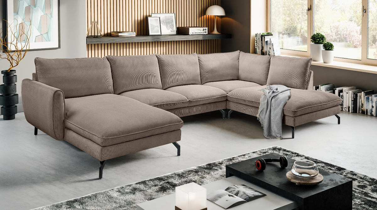 SOFA braun Cord-Stoff 202 x 361 cm, Wohnlandschaft U-Form - Schwarz/Braun, Holz/Textil (361/87/202cm) - Inn.Furn