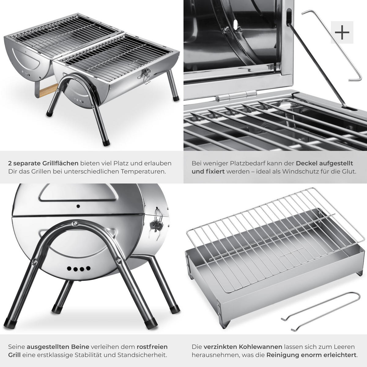 EDELSTAHLGRILL , 42 x 30,5 x 44 cm, schwarz - Schwarz, Metall (42/44/30.5cm) - tectake
