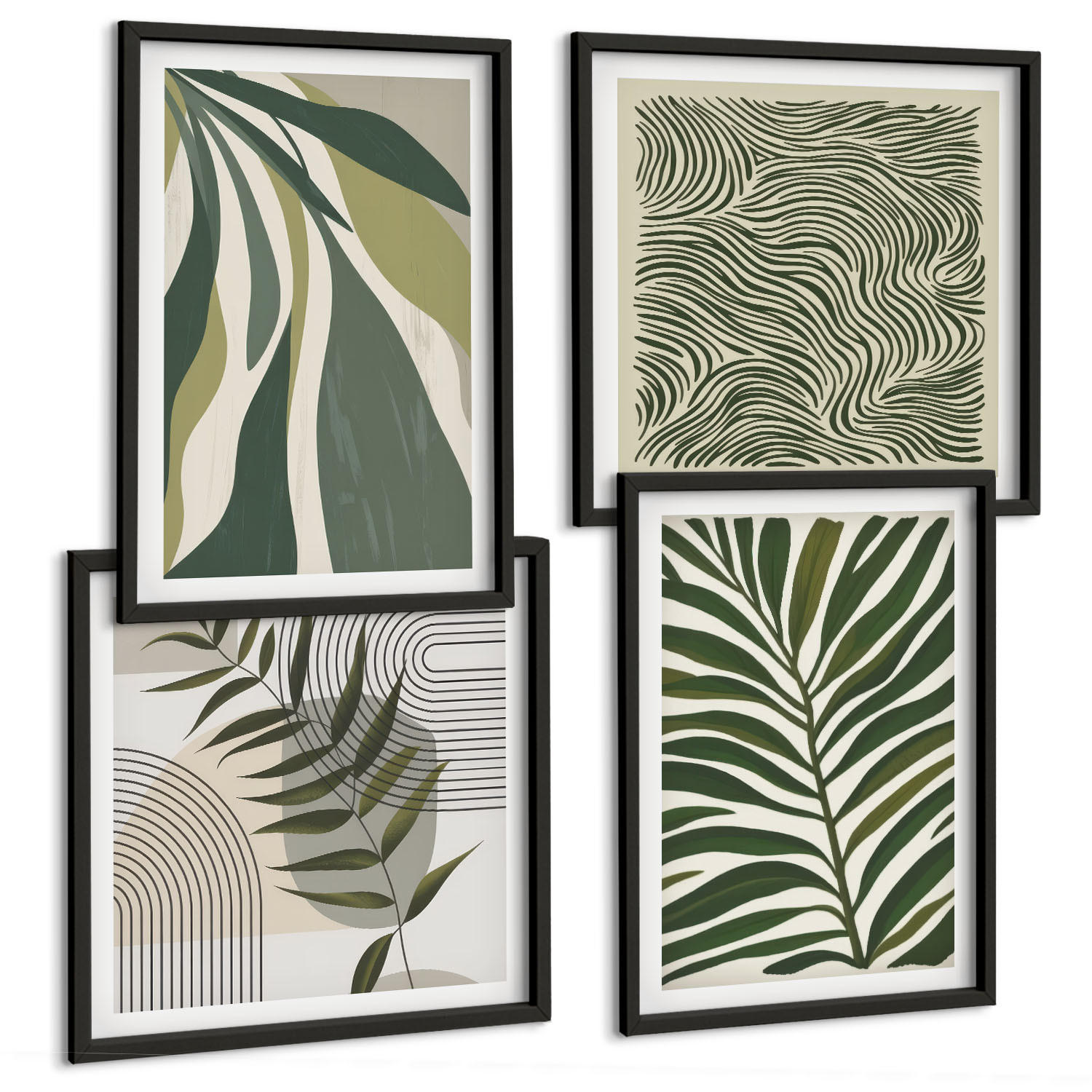 BILDER SET 4er Set - 50x50 cm & 40x60 cm Schwarzer Rahmen - Blätter, Wellen – Pastellillustrationen - Schwarz, Kunststoff (50/50cm) - TULUP