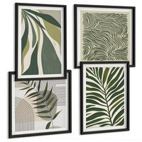 BILDER SET 4er Set - 50x50 cm & 40x60 cm Schwarzer Rahmen - Blätter, Wellen – Pastellillustrationen - Schwarz, Kunststoff (50/50cm) - TULUP