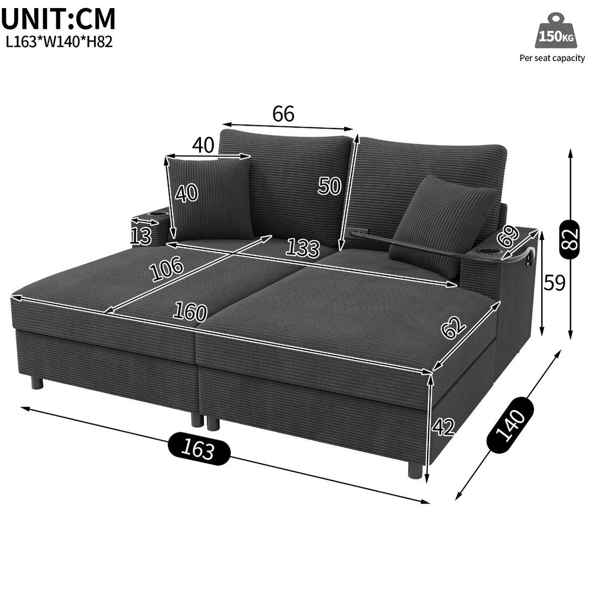 2-SITZER Schlafsofa Cord mit USB-Anschluss und Getränkehaltern Grau 163/140/82 cm - Grau, Textil (140/82/163cm) - Redom