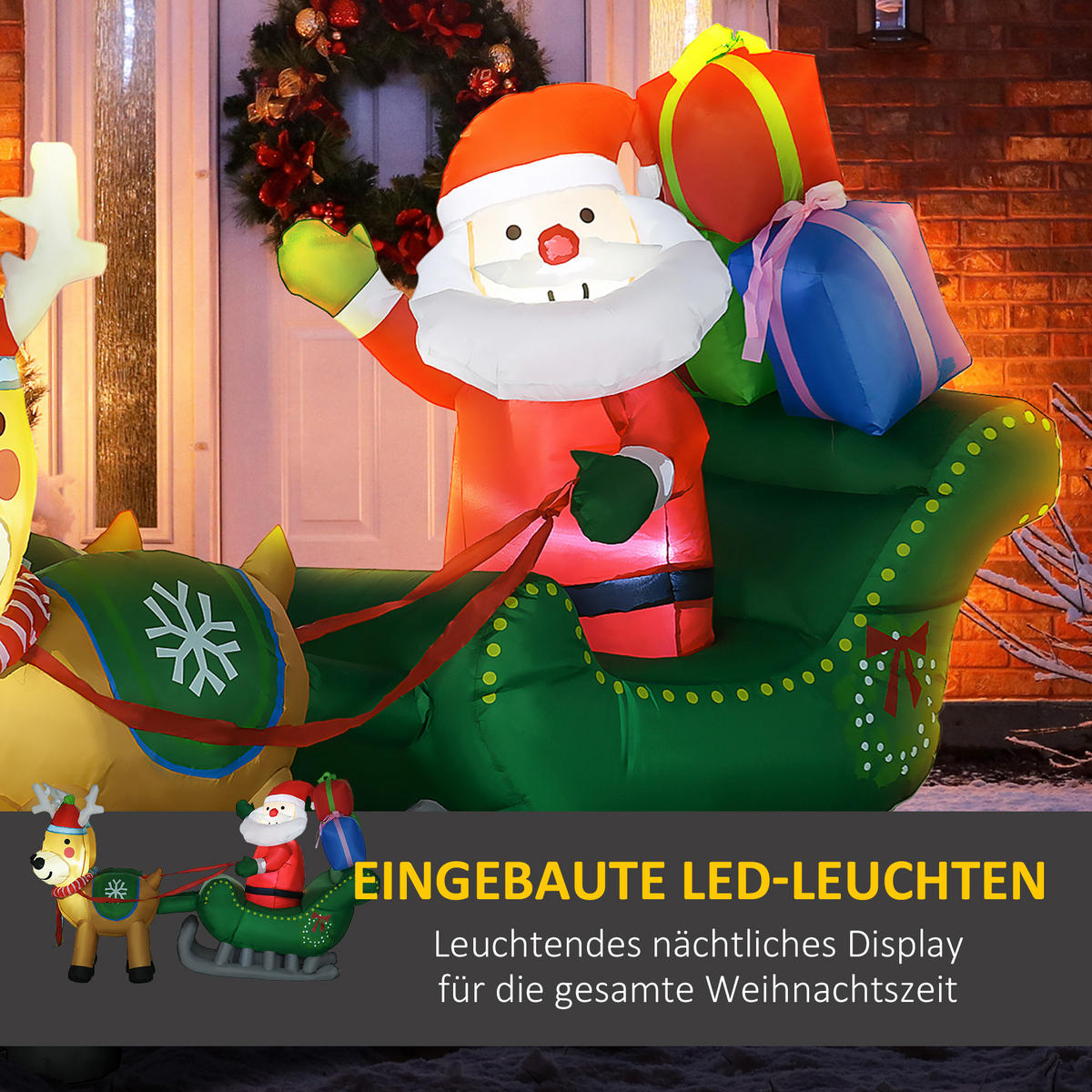 AUFBLASBARER Weihnachtsmann mit Rentieren, LED-Licht, 210cm Weihnachtsdeko - Multicolor, Kunststoff (70/125/210cm) - HOMCOM