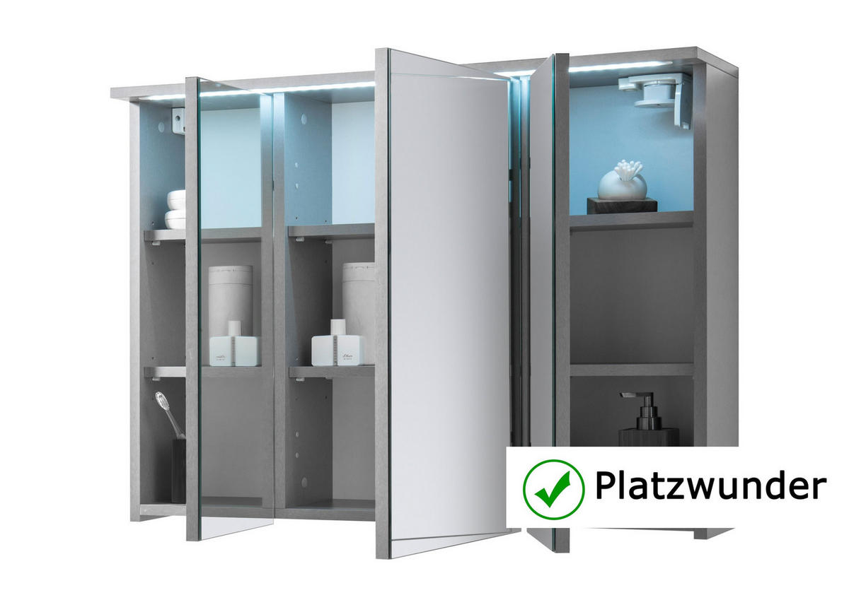 SPIEGELSCHRANK Bad 100 cm GRAU mit LED-Beleuchtung & Steckdose - Grau, Holzwerkstoff (100/68/15cm) - Aileenstore