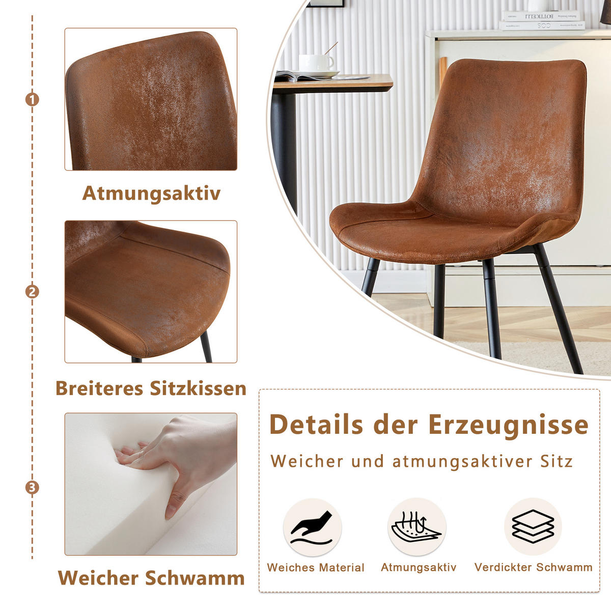 JÍDELNÍ ŽIDLE ergonomické (sada 4 ks), technická látka, čalouněné s kovovými nohami - hnědá, textil (50/83/47cm) - Urban Meuble